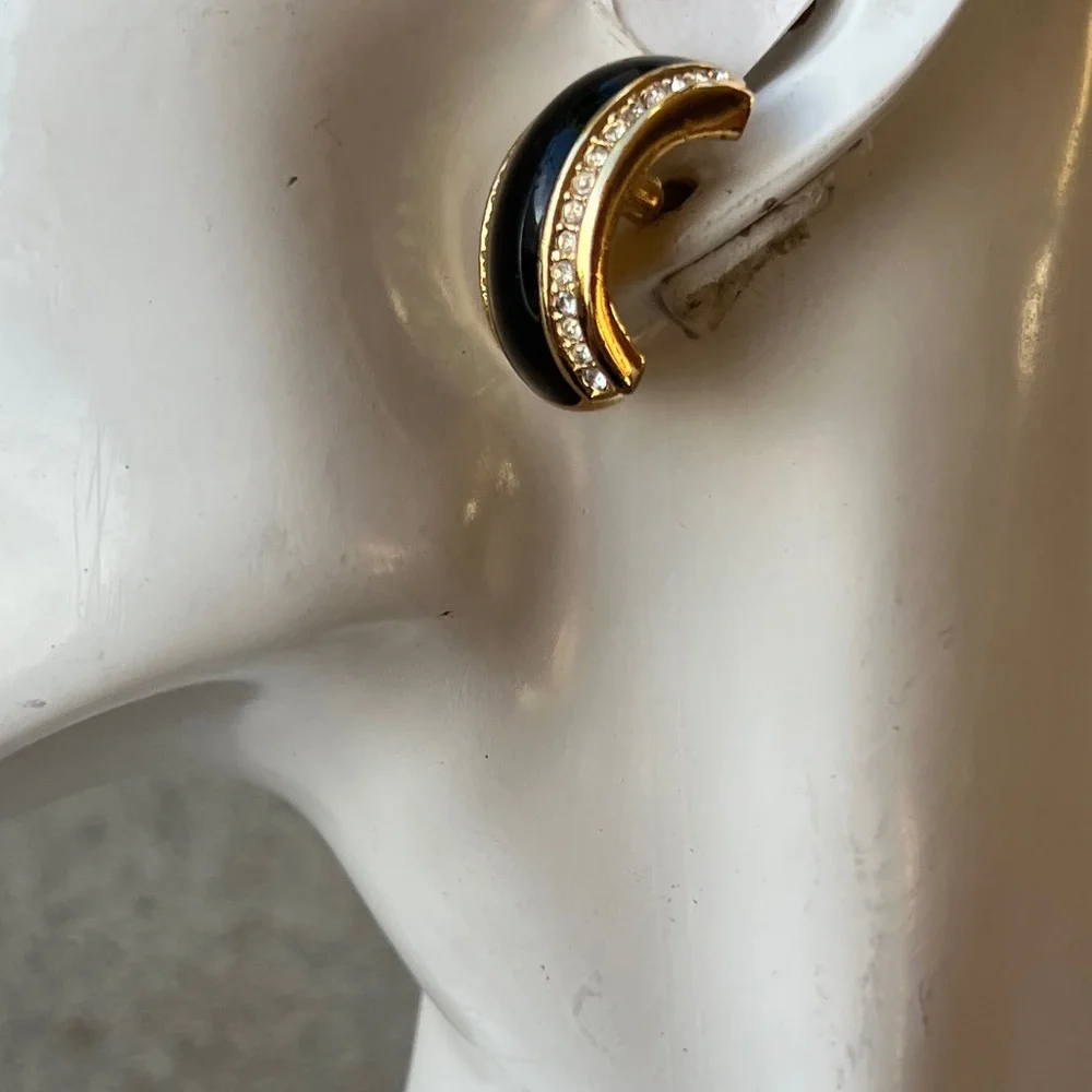 Vintage Gold Black Enamel pierced Earrings Rhinestone accents